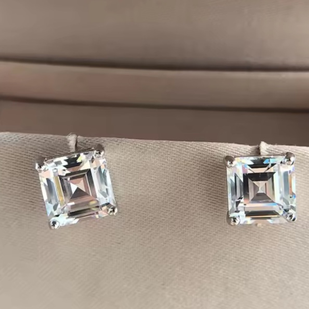 Sterling Silver & Moissanite Asscher Cut Gemstone Stud Earrings